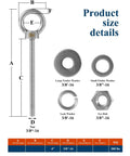 Diagram of Four Pack Quarter Inch Eye Bolts Three Inch Long Heavy Duty Stainless Steel With Bonus Drill Bit Included, showcasing dimensions and washers.