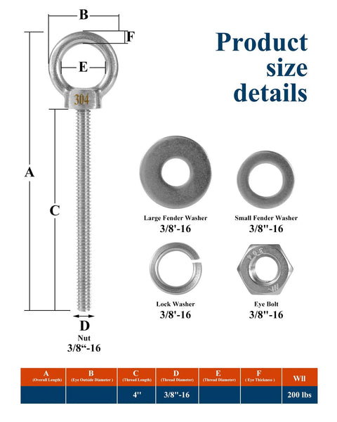 Diagram of Four Pack Quarter Inch Eye Bolts Three Inch Long Heavy Duty Stainless Steel With Bonus Drill Bit Included, showcasing dimensions and washers.