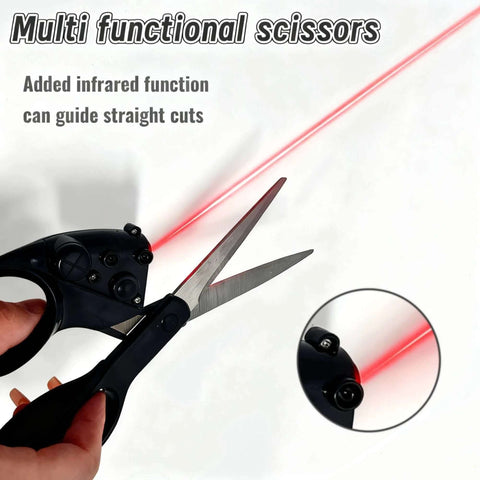 MXHLXRMP professional laser-guided fabric scissors with black handle and steel blades; red laser guide visible.
