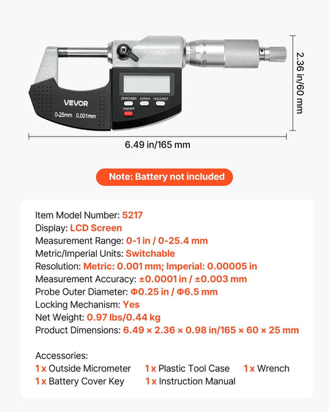 Digital Outside Micrometer Set 0-1 Inch Range With LCD Screen displayed with specifications and accessories