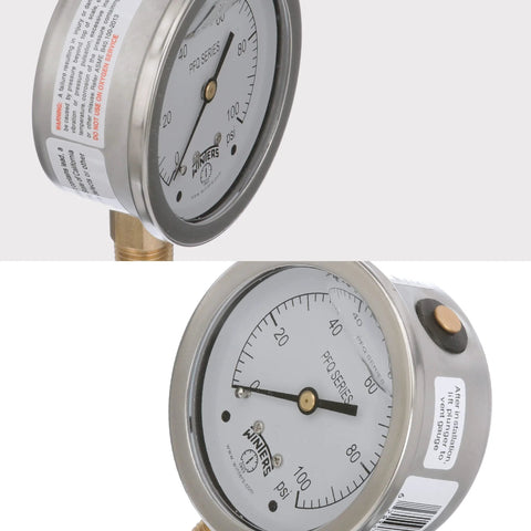 Industrial liquid filled pressure gauge with 2.5-inch dial and 0-100 psi scale for pumps and compressors.