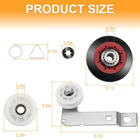 Easy No Fuss Dryer Repair Kit 4392067 With W10837240 Idler Pulley WPW10314173 Drum Roller size dimensions diagram