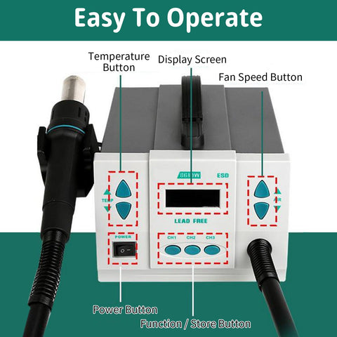Front view of Hot Air Rework Station 1000W With 7 Nozzles, LCD Display, And Channel Control, labeled buttons visible.