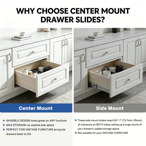 14 Inch Center Mount Drawer Slides 4 Pcs Heavy Duty Hidden Cabinet Rails shown in kitchen drawers demonstrating space efficiency and smooth operation.