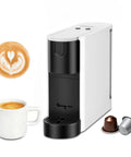 RectoCafé Espresso Machine For Nespresso Original Capsule Pods 20 Bar Professional Italian Pump Tiny But Mighty Ultra Mini Coffee Maker in white next to coffee cup and capsules