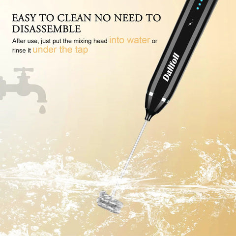 Handheld Milk Frother USB Rechargeable Electric Foam Wand in water with 3 Speeds, Easy Clean, for Coffee Nerds shown under tap