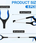 Product size chart of 6 Pack 32 Inch Heavy Duty Trash Grabber Reacher With Ergonomic Handle And Non Slip Grip for elderly use.