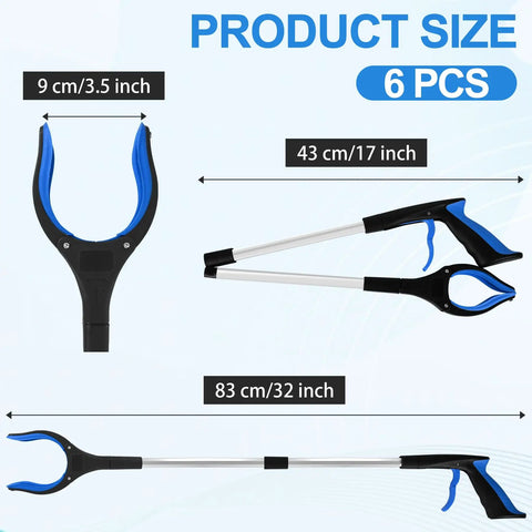 Product size chart of 6 Pack 32 Inch Heavy Duty Trash Grabber Reacher With Ergonomic Handle And Non Slip Grip for elderly use.
