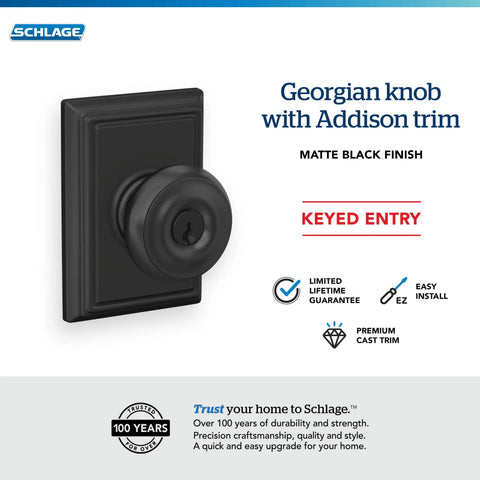 Georgian Door Knob With Addison Trim In Matte Black Keyed Entry Lock Set For Front Door No Brainer Install With Self Aligning Screws