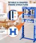 Top Shelf 12 Ton H Frame Hydraulic Shop Press With Height Adjustable Table And Removable Plates showcasing stable H-shaped frame and extension spring
