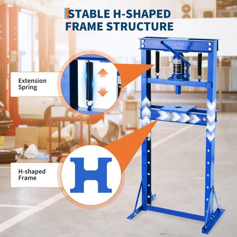 Top Shelf 12 Ton H Frame Hydraulic Shop Press With Height Adjustable Table And Removable Plates showcasing stable H-shaped frame and extension spring