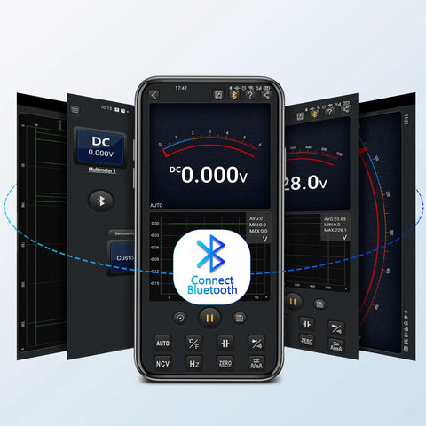 Bluetooth Digital Multimeter With Auto Range TRMS 6000 Counts displaying measurements on smartphone via Bluetooth