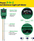 All In One Plant Moisture Light And PH Meter For Gardening And Farming, detailed view of dial and sensors, green design.
