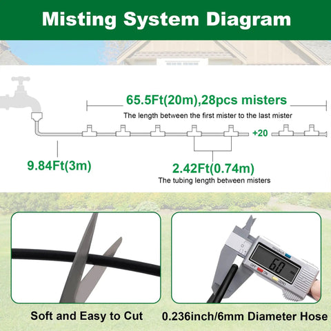 Diagram of Outdoor Misting System for Patio Cooling 75Ft Water Mister Hose Kit with Brass Nozzles showing hose cuts and measurements