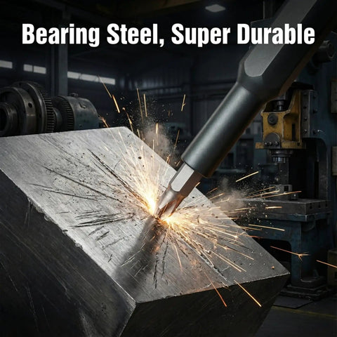 Bearing steel screwdriver bit demonstrating durability with sparks in industrial setting