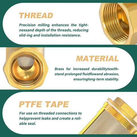 Close-up of Brass Y Shaped 3/4 Inch Female Strainer Valve with thread, material, and PTFE tape details visible