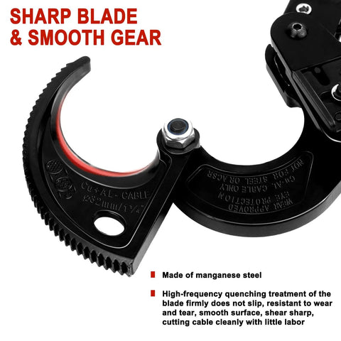 Close-up of Heavy Duty Ratchet Cable Wire Cutter Chops Copper And Aluminum Like A Hot Knife Through Butter Quick Release Lever, sharp manganese steel blade.