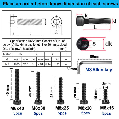 Tough As Nails M8 Hex Socket Head Cap Screws And Bolts Assorted Lengths With Included Allen Wrenches Grade 12.9 Alloy Steel Black Oxide Finish dimensions chart