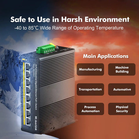 Industrial DIN Rail 8 Port PoE Gigabit Ethernet Switch with 96W power budget in rugged design, operating -40 to 85°C.