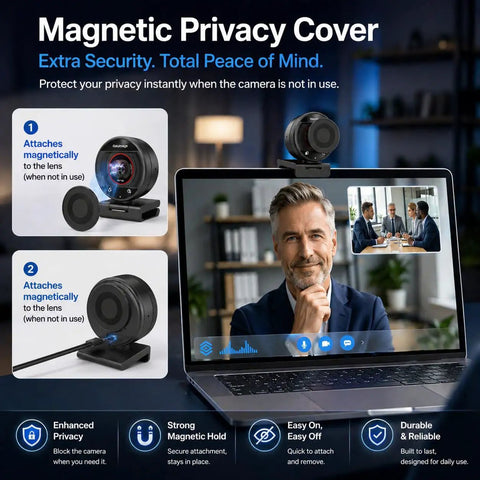 Magnetic privacy cover for webcam enhances security, attaches to lens, ideal for PCs during video calls.