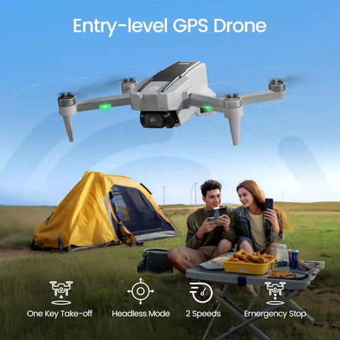 Go-To Pocket Sized Drone With 4K Camera Under 250g For Beginners shown flying over a campsite with a tent and two people.