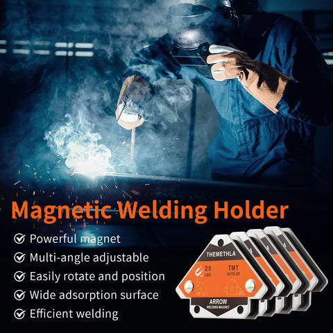 Front view of Themethla 25 lb magnetic welding magnets set, 4 pieces with orange labels
