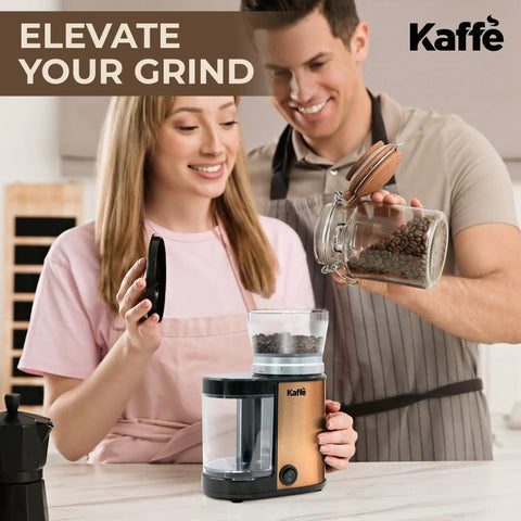 Premium Electric Flat Burr Coffee Grinder Featuring Adjustable Burrs And An Upgraded Quiet Motor For Legit Home Brewers 55 Ounce Copper Hopper in use at home.