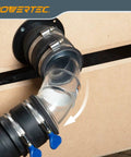 Rock Solid 2.5 Inch OD 90 Degree Elbow Dust Collector Connector In Clear ABS Plastic linked to hose for shop vacuum.