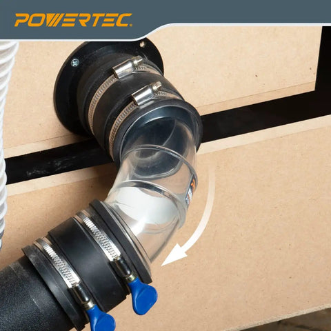 Rock Solid 2.5 Inch OD 90 Degree Elbow Dust Collector Connector In Clear ABS Plastic linked to hose for shop vacuum.