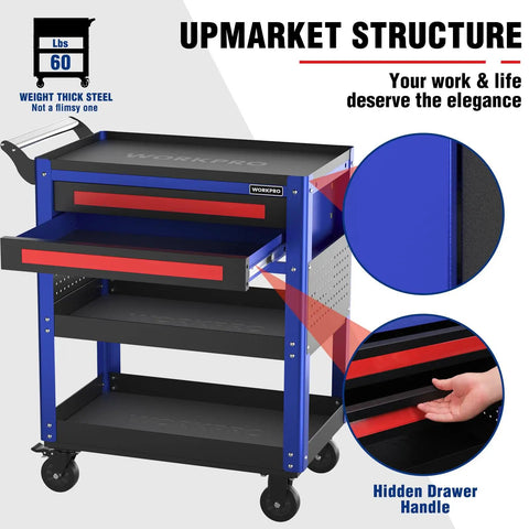 Beefed Up Heavy Duty 28 Inch 2 Drawer Rolling Tool Cart With Locking System And Large Rubber Wheels Steel Utility Cart