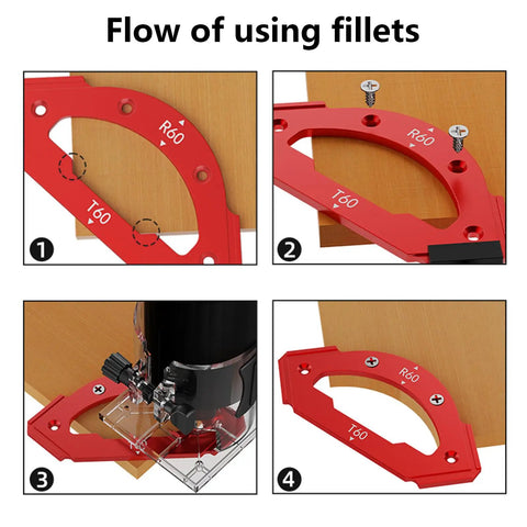 Flow of using Heavy Duty Aluminum Router Template For Dead-On Accurate Corner Radius Cuts Solid Woodworking Cutting Jig steps.
