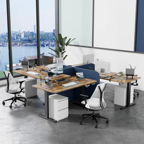 Heavy Duty Electric Standing Desk With Dual Memory Buttons And Rock Solid Brown Surface Seriously Built Tough For Gaming And Remote Work Grind Super Smooth Motor Lift Keeps Your Spine Happy in an office setup with multiple desks and ergonomic chairs.