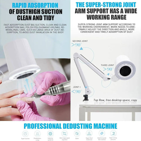 Badass Nail Dust Collector Vacuum With Sturdy Table Mount And Dimmable Led Light with adjustable arm for nail dust extraction.