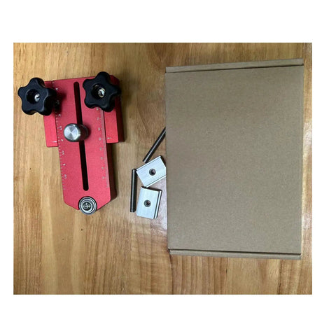 Extended Thin Rip Jig Fence Guide in red aluminum for precise narrow cuts, includes mounting screws and metal connectors.