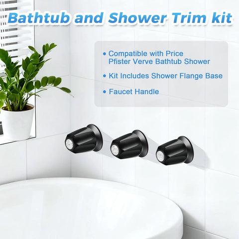 3 Piece Matte Black Tub And Shower Knob Replacement Kit For Verve And Windsor Faucet Handles, Hot And Cold Diverter Trim
