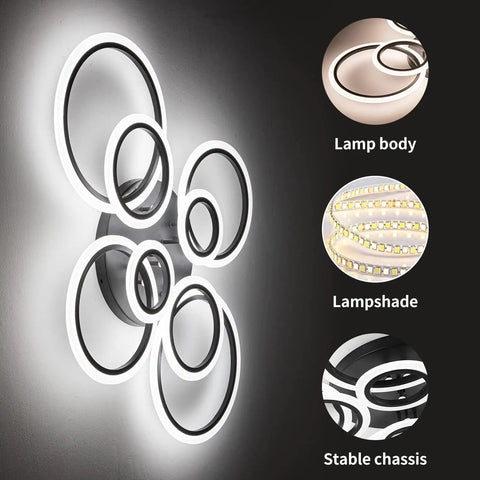 41.3 Inch Dimmable LED Ceiling Light With Remote Control illustrating lamp body, lampshade, and stable chassis details