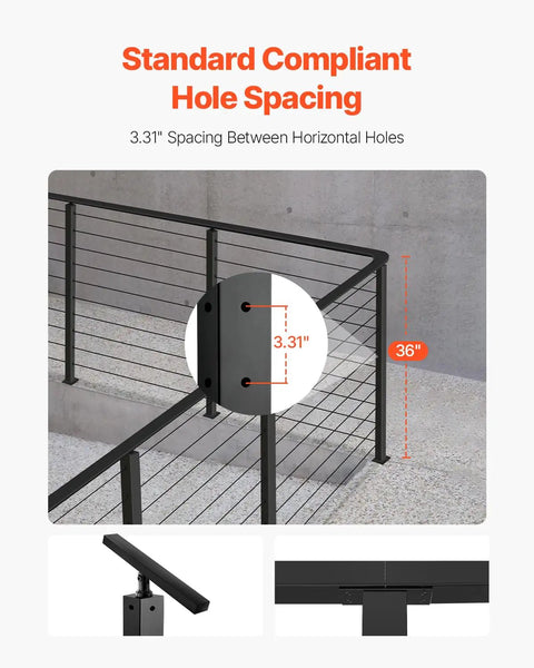 Corner Cable Railing Post With Ten L Shaped Holes Pre Drilled 36 By 2 By 2 Inches Stainless Steel Kit showing hole spacing
