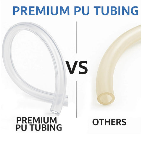Comparison between Premium PU Tubing and other tubing options, showcasing clarity and quality of Pro Grade PU Air Line Kit With 32.8 Ft Clear Flexible Hose Eight Millimeter Or Five Sixteenth Inch OD And Five Millimeter ID Push To Connect Fittings Tube Cutter Durable Pneumatic Tubing Set For Compressors And Air Tools