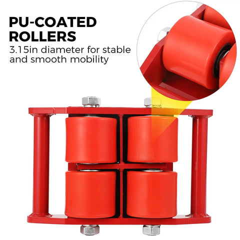 6 Ton Heavy Duty Moving Dolly With 360 Degree Rotating Anti Skid Pad For Industrial Equipment Carbon Steel Machine Skate With PU Wheels For Workshop Warehouse Transport red PU-coated rollers, 3.15in diameter