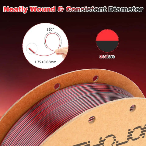 Silk Dual Color 1.75mm PLA Filament For 3D Printing Black And Red Coextrusion Slick Silk Finish spool with dimensional accuracy