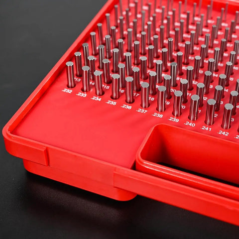 Pro Grade Pin Gauge Set M1 0.061-0.250 Inches, 190-Piece Class ZZ Steel Pin Gauges With Storage Case, Ultra Precise Measurement Tools With Tight Tolerances 0.0000 To -0.0002, HRC 60-62, steel pins in red case