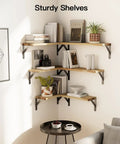 Solid Natural Paulownia Wood Floating Shelves Set Of Six, Heavy Duty Wall Mounted Storage Rack For Living Room Or Bedroom, No Sweat Setup And Super Chic Rustic Vibe, Premium Quality Craftsmanship That Elevates Every Corner With Flair, corner shelving with books and plants.