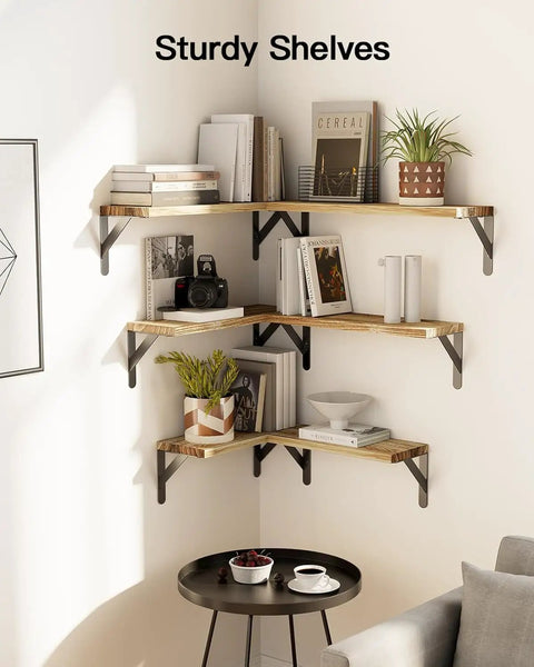 Solid Natural Paulownia Wood Floating Shelves Set Of Six, Heavy Duty Wall Mounted Storage Rack For Living Room Or Bedroom, No Sweat Setup And Super Chic Rustic Vibe, Premium Quality Craftsmanship That Elevates Every Corner With Flair, corner shelving with books and plants.