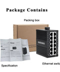 Rugged Industrial Unmanaged 12-Port Gigabit Ethernet Switch with DIN Rail, box, and manual, showing 12 RJ45 ports, IP40 aluminum design.