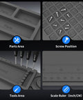 Heat Resistant Soldering Mat For Electronics Repair, showing magnetic silicone work pad sections: parts area, screw positions, tool slots, scale ruler.