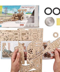 Dragster Car Model Kit With Powerful Spring Motor - 3D Wooden Puzzle For Self-Assembly, Top Fuel Drag Racer - Racing Model Car Kit For Adults And Kids, Realistic Mechanics, Fun DIY Hobby box and wooden parts shown