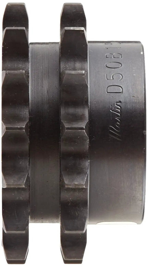 Heavy Duty Double Roller Chain Sprocket With Type B Hub Featuring 15 Teeth 5/8 Inch Pitch For 50 Series Chains Hardened Steel Construction Offers Rock Solid Setup With Reboreable 0.75 Inch Bore built tough shown from side angle.