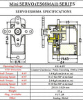 Diagram of Mini Servo ES08MAII specifications with measures and details for RC cars and boats showing product dimensions and features.