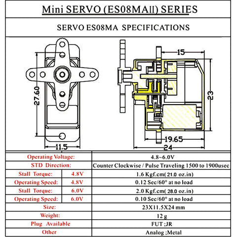 Diagram of Two Pack Emax ES08MAII 12g Analog RC Servo for AX24 1 24 Scale RC Crawler with specifications and dimensions.