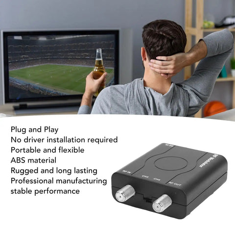 RF Modulator Adapter With HDMI Input For NTSC Output And 1080P PLL Controlled VHF Modulation shown with TV setup